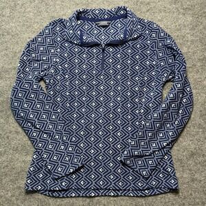 LANDS' END Women Blue White Geometric Diamond Fleece Quarter Zip Pullover Small